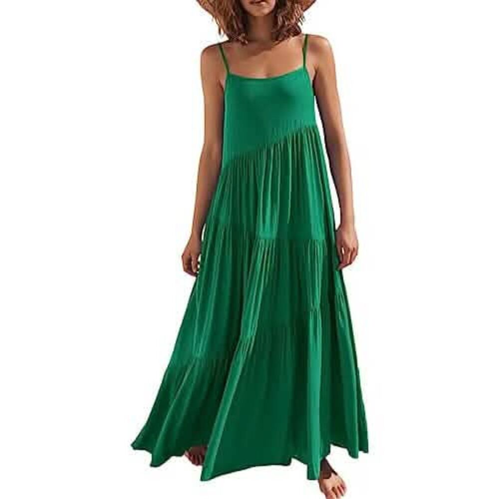 ECOWISH NWT Green Tiered Maxi Dress Spaghetti Strap Casual Loose Boho Summer M